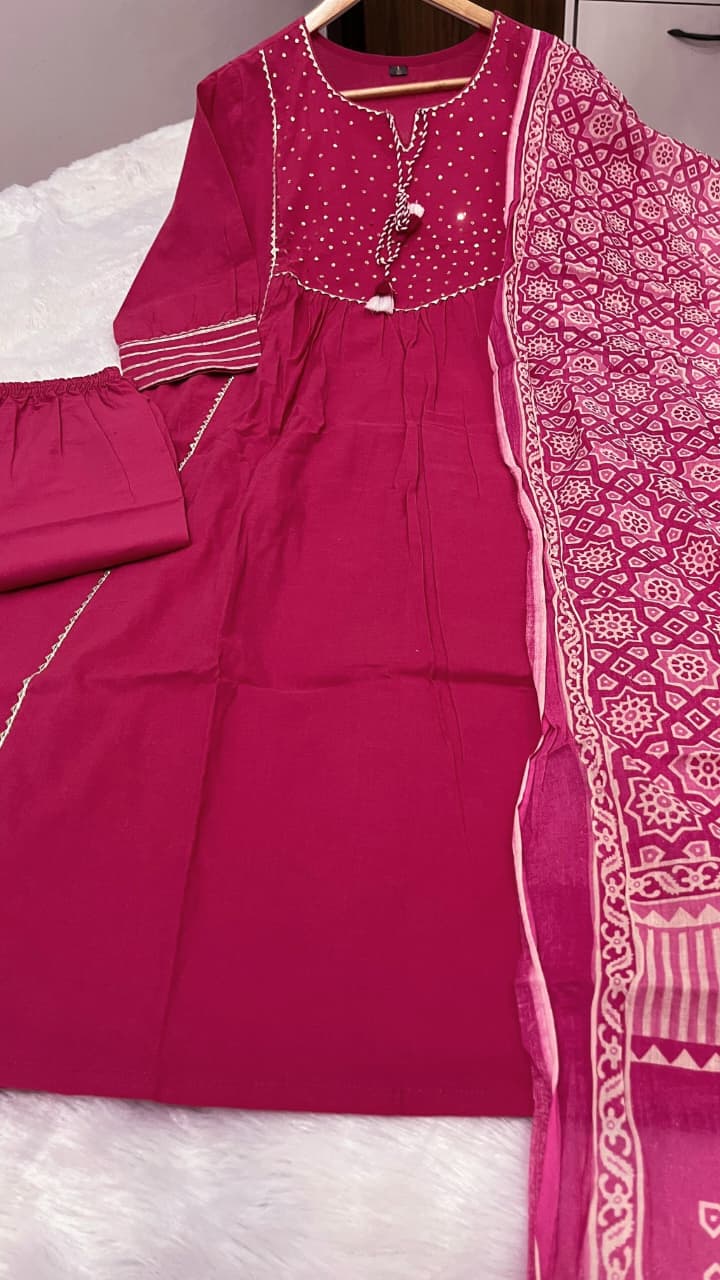 🌹🌹Pure fine Cotton fabric  Kurti with Pant with cotton 100-100 Dupatta🌹🌹(PVCRD04)