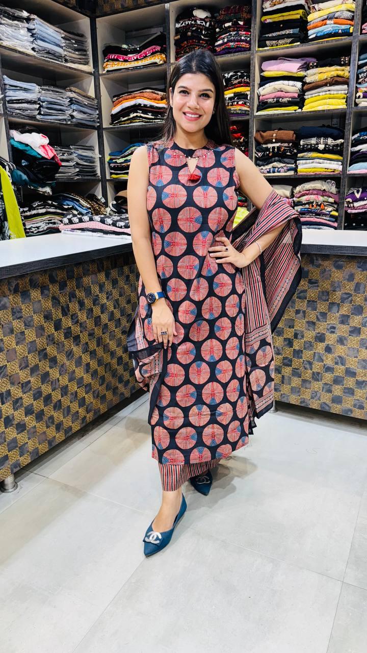 Pure fine Cotton fabric  Kurti with Pant with cotton 100-100 Dupatta.(PVCRD27)