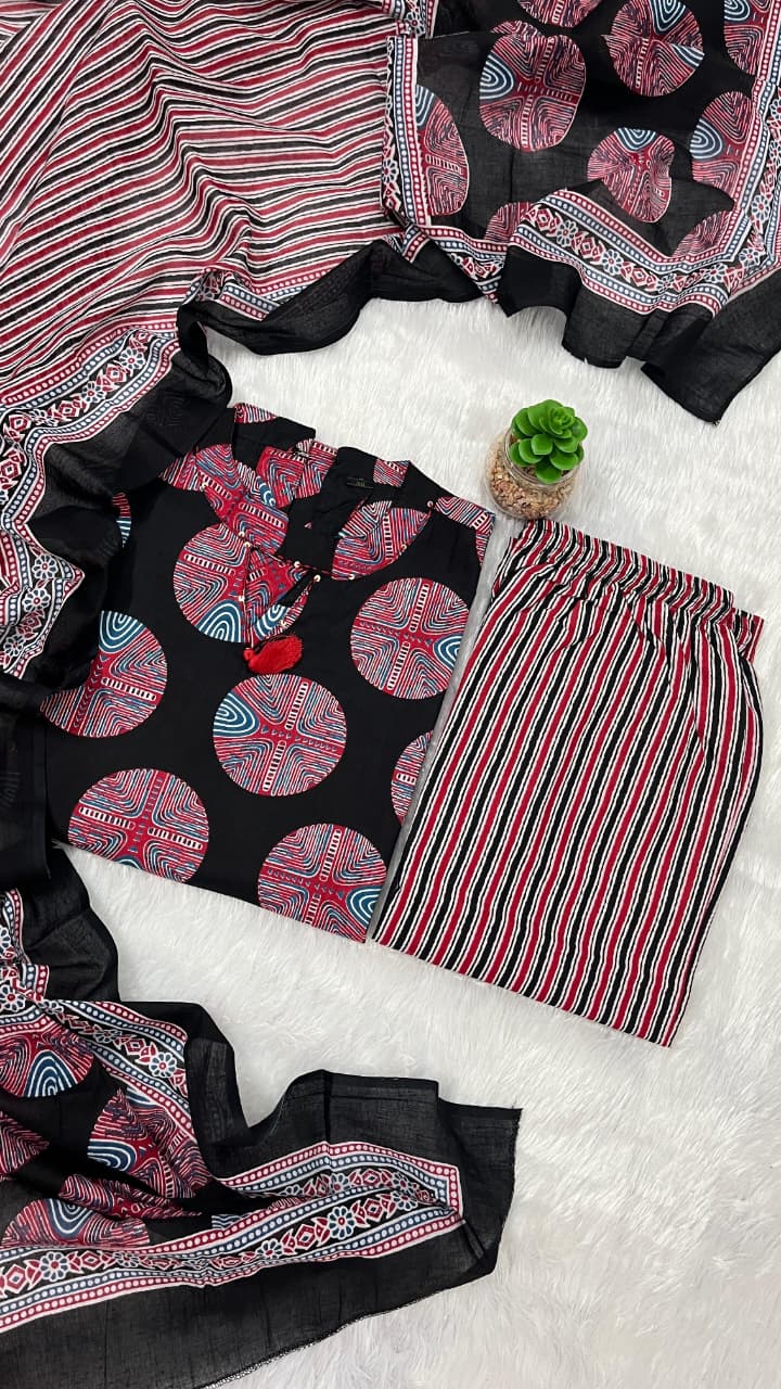 Pure fine Cotton fabric  Kurti with Pant with cotton 100-100 Dupatta.(PVCRD27)