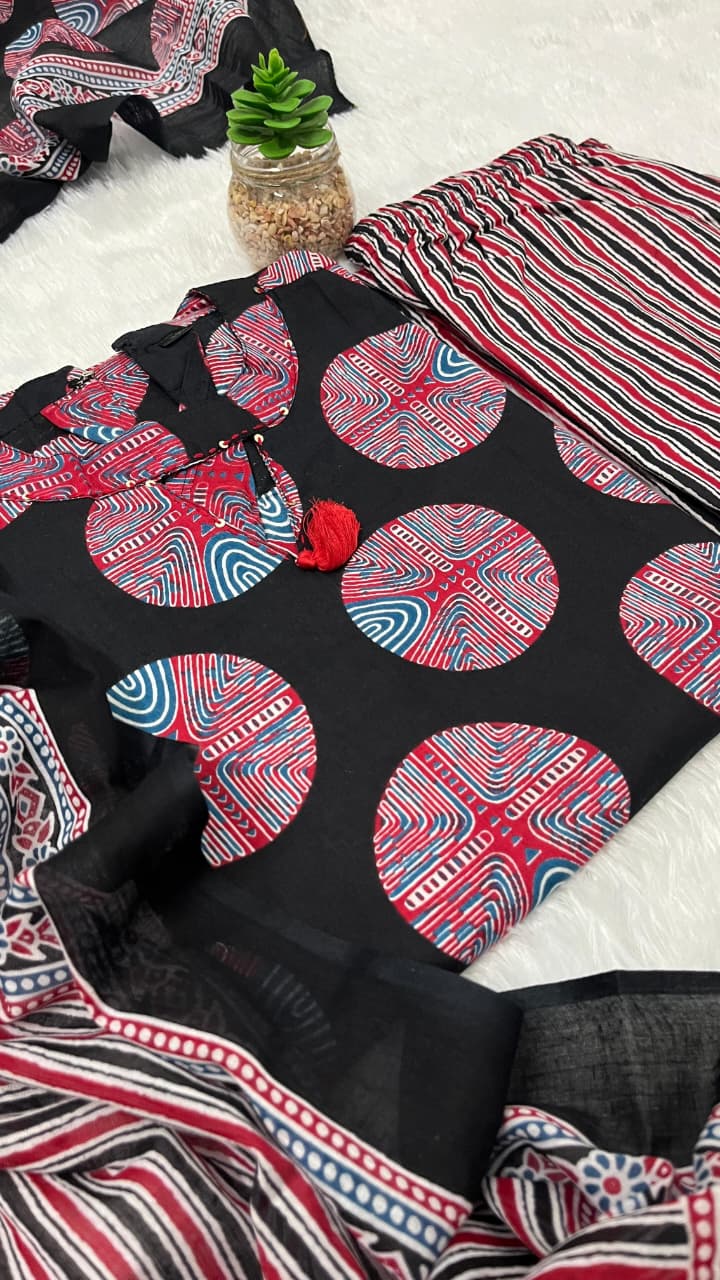 Pure fine Cotton fabric  Kurti with Pant with cotton 100-100 Dupatta.(PVCRD27)