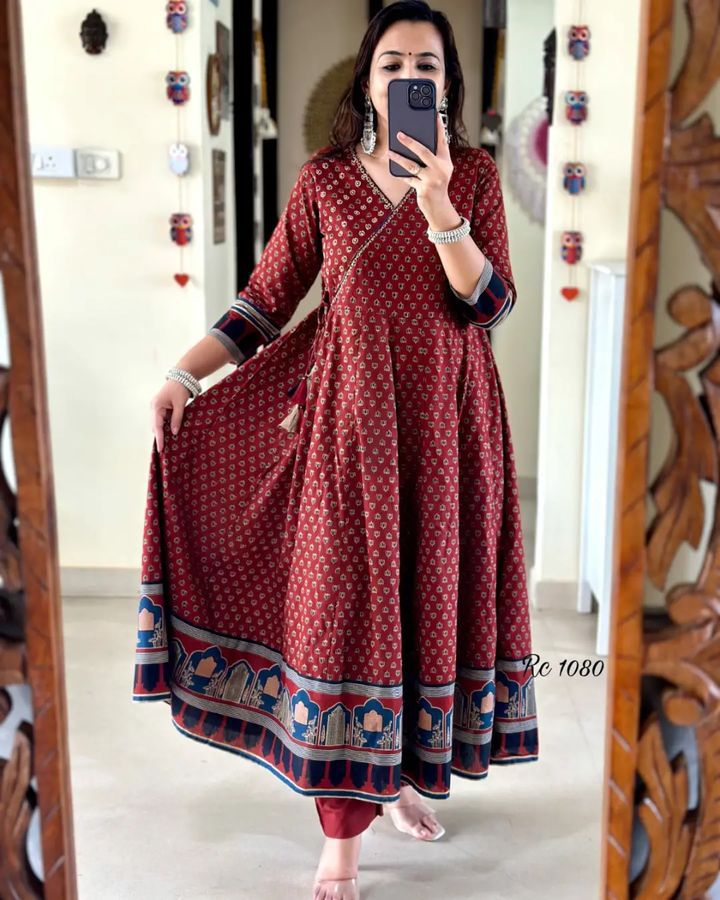 our beautiful Handblock print cotton Anaarkali 3pis dress (PVCRD81)