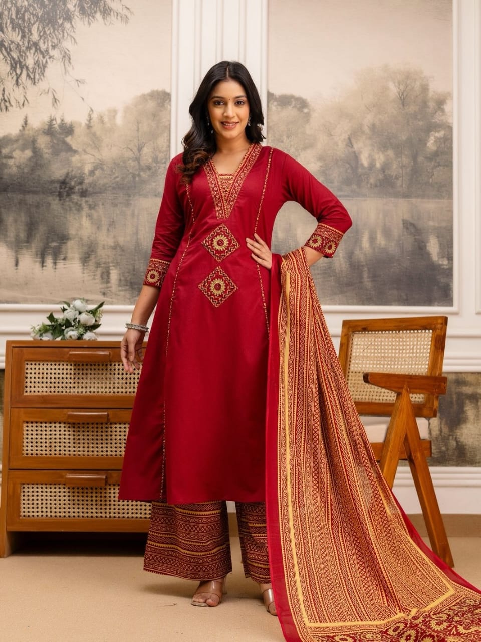 Pure fine Cotton fabric Embroidery Work Kurti with Pant with cotton (PVCRD148)