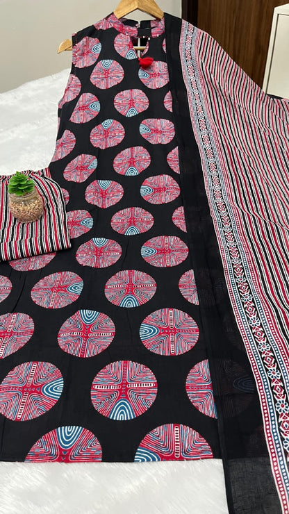 Pure fine Cotton fabric  Kurti with Pant with cotton 100-100 Dupatta.(PVCRD27)