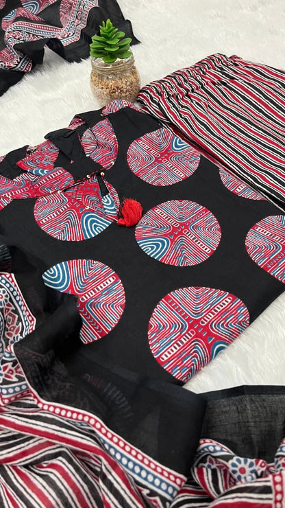 Pure fine Cotton fabric  Kurti with Pant with cotton 100-100 Dupatta.(PVCRD27)