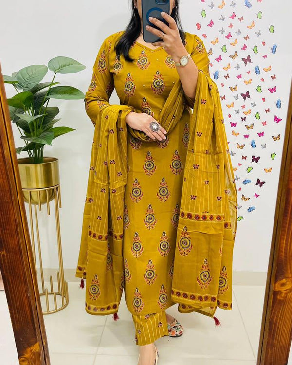 Women's Mustard Yellow Printed Kurti With Palazzo & Dupatta Set For Ladies