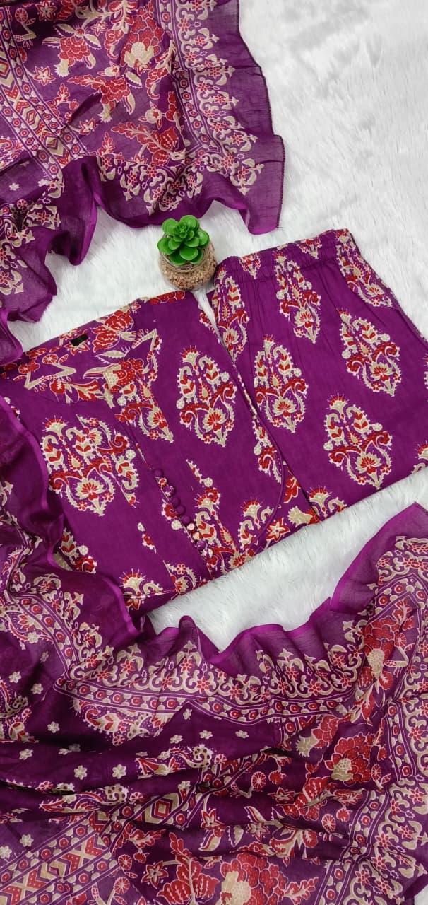 Women's printed cotton & kurta &  pant or dupatta set &nbsp;kurti in full sleeves (PVCRD63)