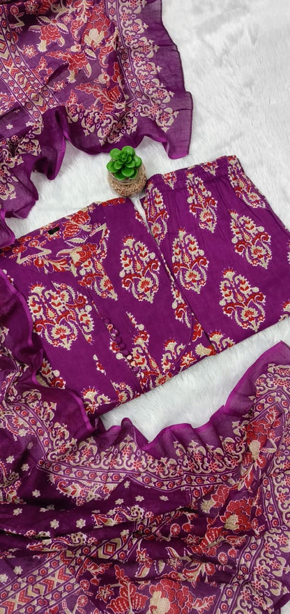 Women's printed cotton & kurta &  pant or dupatta set &nbsp;kurti in full sleeves (PVCRD63)