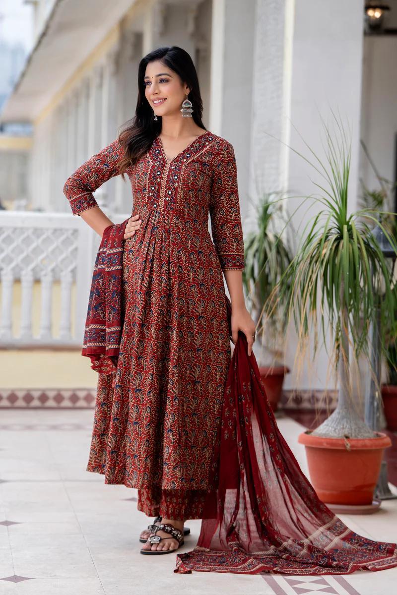 Women's printed cotton kurta  pant or dupatta set(PVCRD70)
