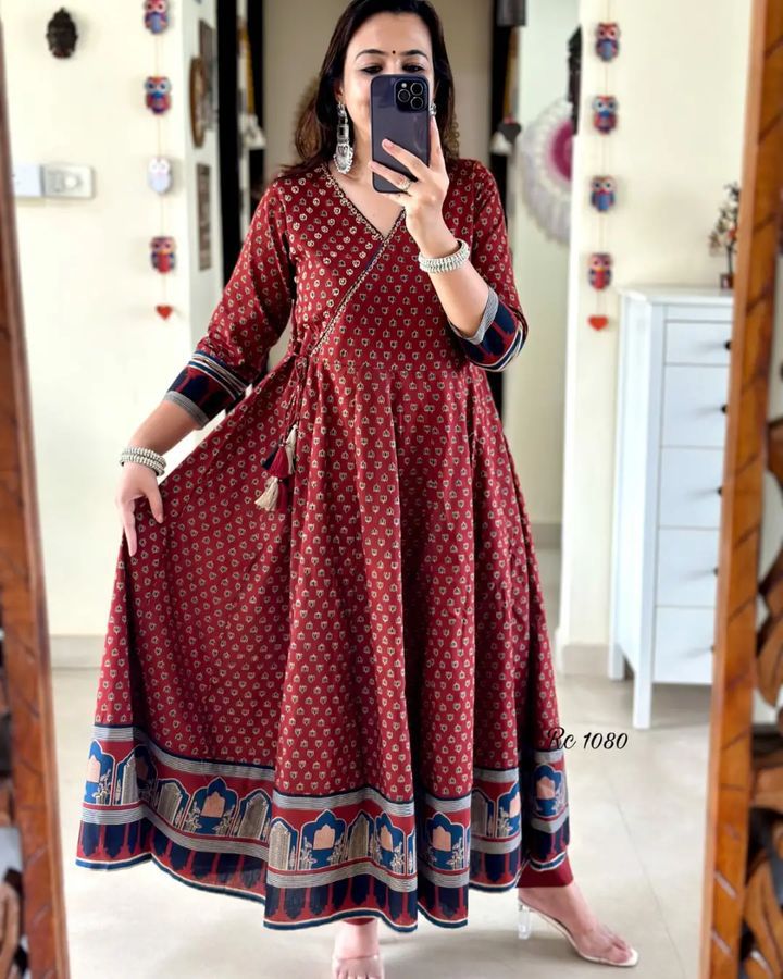 our beautiful Handblock print cotton Anaarkali 3pis dress (PVCRD81)