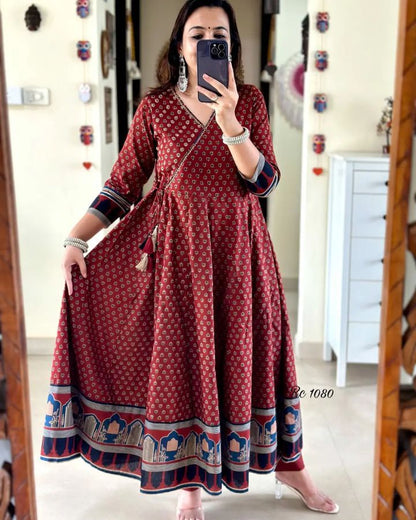 our beautiful Handblock print cotton Anaarkali 3pis dress (PVCRD81)