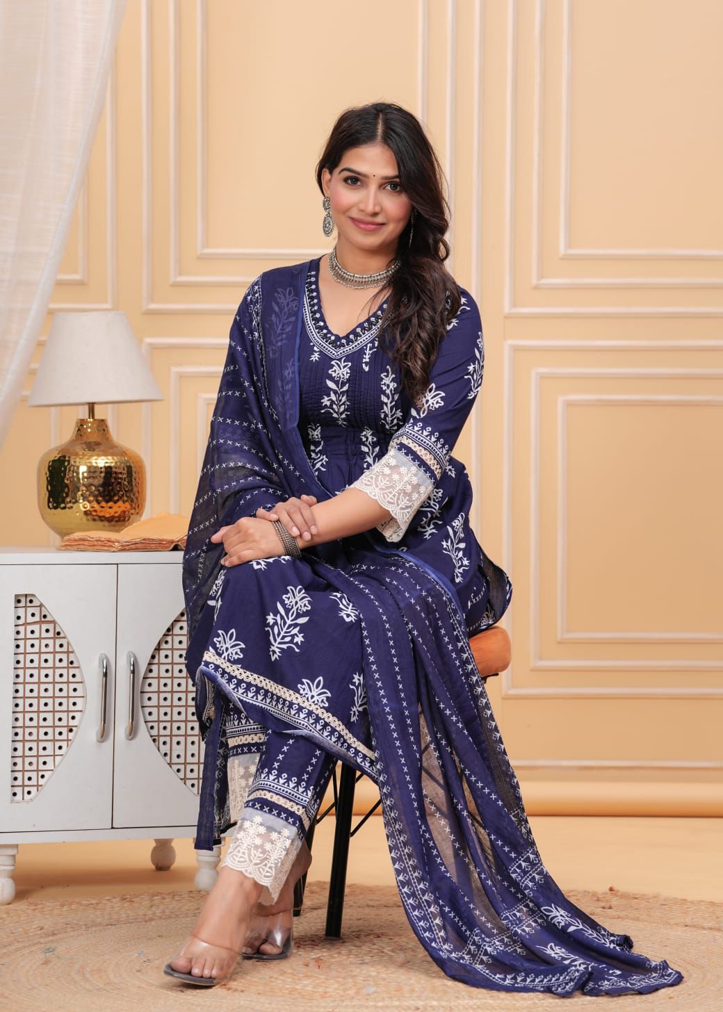 Featuring a chic pleated top with V- neck design and lace detailing, (PVCRD86)