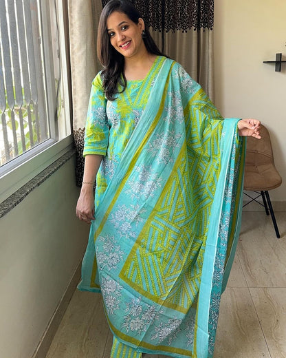 Pure fine Cotton fabric  Kurti with Pant with cotton 100-100 Dupatta (PVCRD88)