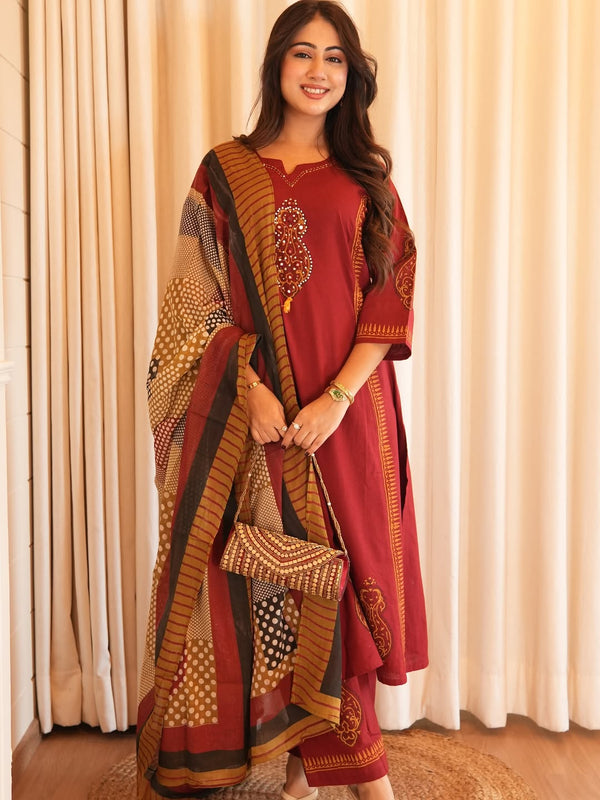 Heavy Cotton A-Line Kurti Pant Dupatta Set