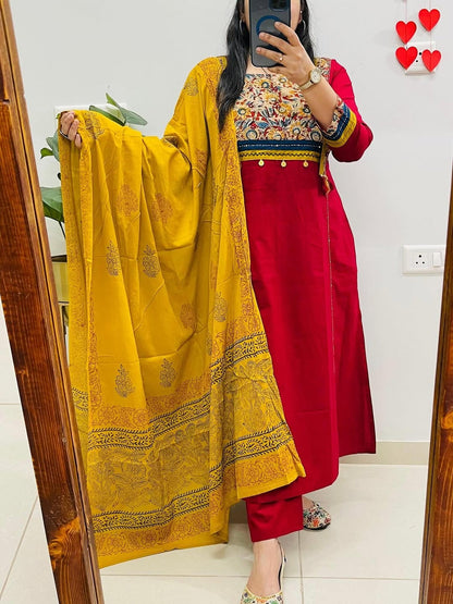 heavy yog work and sika work Kurti with Pant with cotton 100-100 Dupatta(PVCRD103)