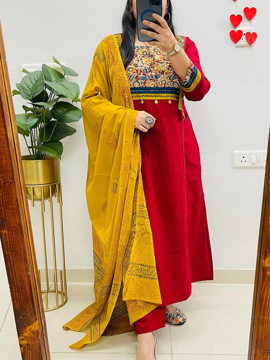 heavy yog work and sika work Kurti with Pant with cotton 100-100 Dupatta(PVCRD103)