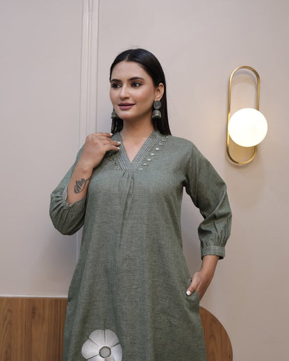 full embroidery 🌺 front with katha detailing pocket -one side pocket in kurta•(PVCD44)